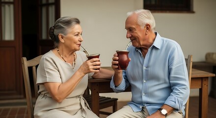 Loving elderly couple enjoying a beverage while spending time together.