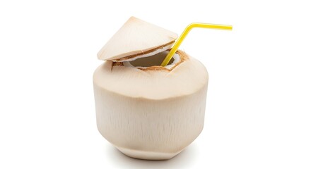Refreshing coconut water with a straw in a coconut shell. 
