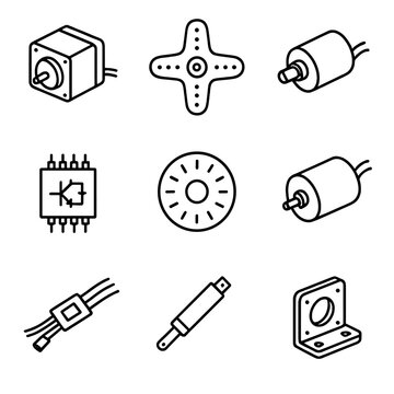 Robotics Actuation Icons. Line style icons of Robotics Actuation Parts: NEMA stepper motor, servo motor horn, DC gearmotor,