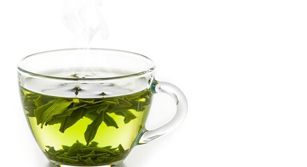 A transparent glass cup filled with green tea, releasing steam. 