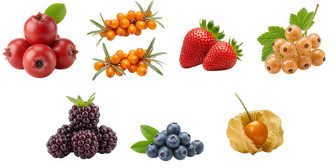 Fresh assorted berries and fruits arranged on white background  