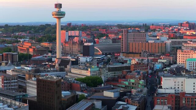 Aerial video of Liverpool cityscape at Sunset 