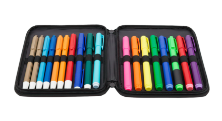 A collection of colorful markers arranged inside an open black case, ready for creative tasks.