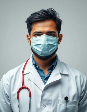 Realistisches Portr&auml;t eines Arztes mit OP-Maske und Stethoskop &ndash; professionelles medizinisches Bild mit modernem, vertrauensvollem Ausdruck.