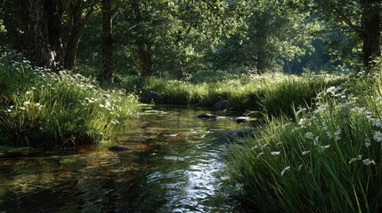 White wildflowers grow on the bank of a peaceful woodland brook with sunlit water.