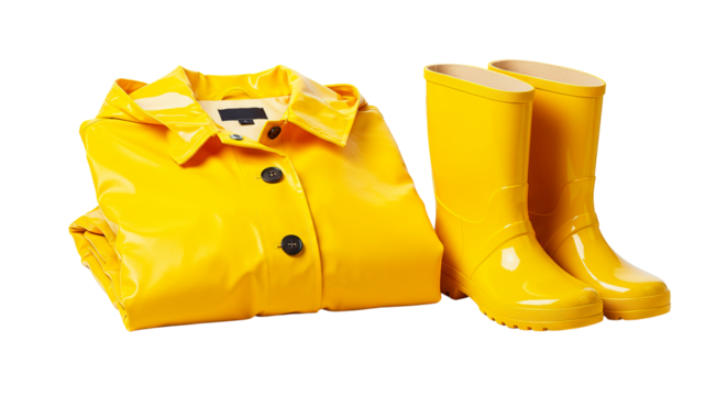 Bright yellow raincoat and boots, ready for the rain