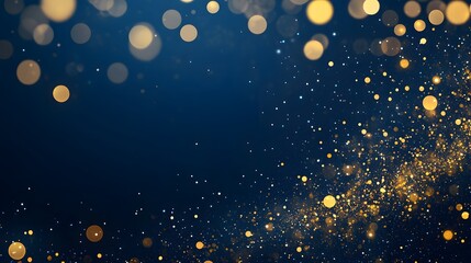 Abstract dark blue and gold particle background with Christmas golden light bokeh, shining particles on navy blue, gold foil texture, festive holiday concept