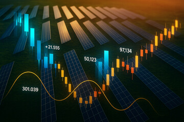 Renewable energy financial growth chart over solar farm solar panels financial chart