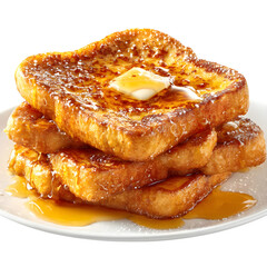Golden french toast stack topped with butter and maple syrup on a plate, transparent background