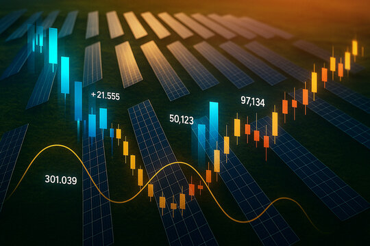Renewable energy financial growth chart over solar farm solar panels financial chart