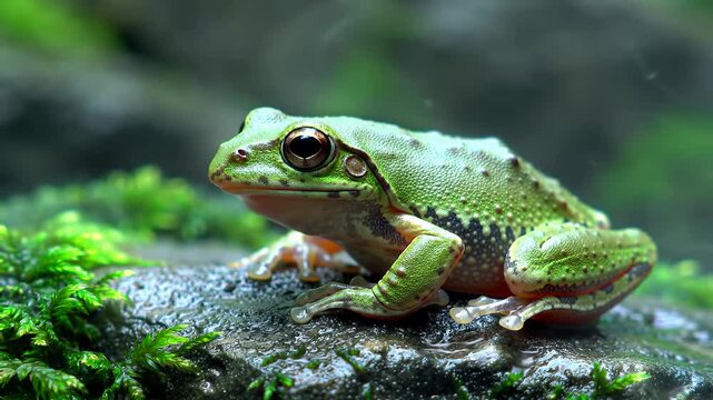 Close-Up of a Green Frog Resting on a Mossy Rock in a Serene Forest Environment