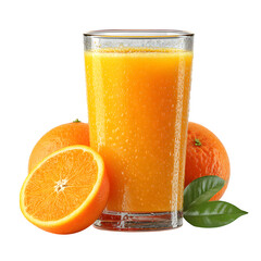 Refreshing orange juice in a glass with ripe oranges against a transparent background