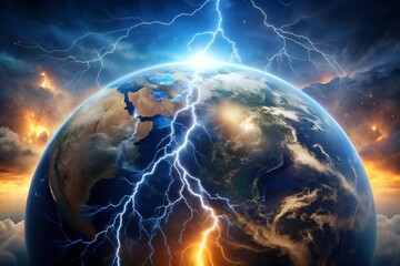 A dramatic depiction of planet earth struck by a massive lightning bolt amidst a raging storm
