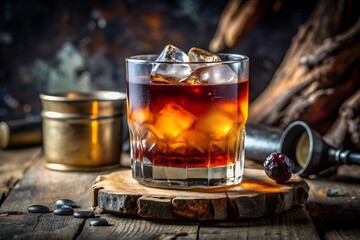 An expertly crafted whiskey cocktail with ice in a rocks glass sits on a rustic wooden table