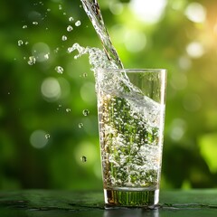 Fresh water being poured into a clear glass with splash