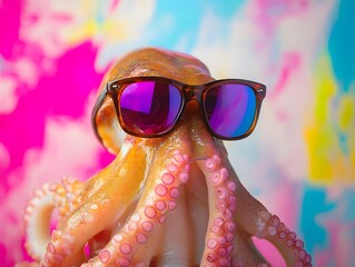 Funny octopus wearing sunglasses in studio with a color background