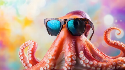 Funny octopus wearing sunglasses in studio with a color background