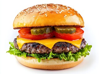 juicy cheeseburger. Brioche pastry, beef patty, iceberg salad, tomato, pickles, house burger sauce. Front view. Isolated on a white background