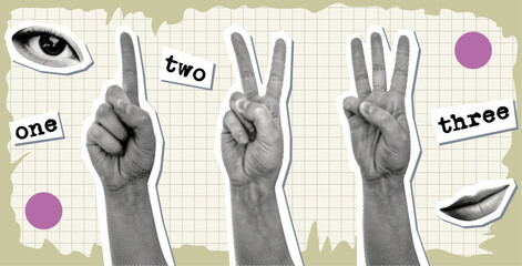 hand gestures for numbers one two three concept retro collage set with eye and lips cut-out halftone isolated dotted elements pop art style design torn paper edges grid background