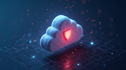 cyber shield protecting a glowing cloud, floating in digital space, network grid in background, 3D concept