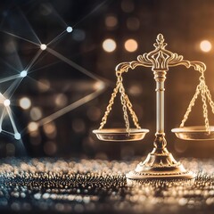 Law scales on background of data center.Digital law concept