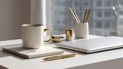 Modern Workspace with Laptop, Coffee Mug and Office Supplies at A clean white desk with a sleek laptop, ceramic coffee mug, gold pen, and minimalist office items. Soft daylight from the side. 