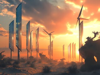 Modern wind turbines and solar panels sunset light