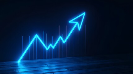 Neon Blue Glowing Up Arrow Chart On Dark Background, Growth, And Success Concept