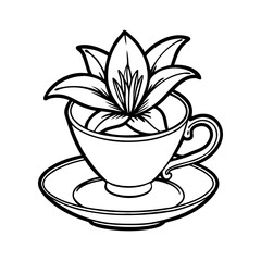 Elegant black and white line art illustration of a blooming lily flower emerging from a classic teacup and saucer isolated on white background isolated on transparent background