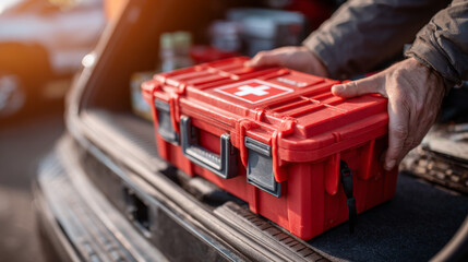 A close-up shows a person handling a first aid kit inside a car, underlining vehicle emergency readiness