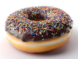 Round chocolate donut with sprinkles on top on white background