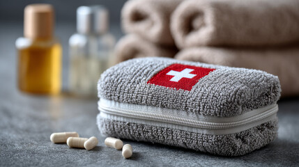 A compact home first aid kit with medical supplies is neatly arranged on a bathroom table