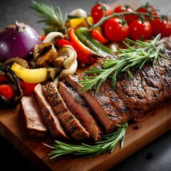 Sliced ​​grilled steak resting on rosemary sprig with vegetables