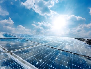 solar panel with sunlight and blue sky background