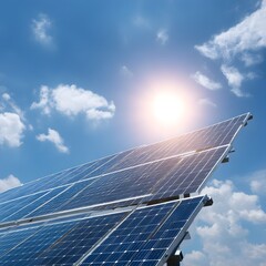 solar panel with sunlight and blue sky background