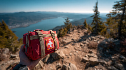 A hand grips a first aid kit during a hiking trip, with a scenic mountain view in the background, emphasizing safety on adventures