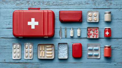 A first aid kit is shown up close on a blue wooden surface, arranged neatly for visual clarity