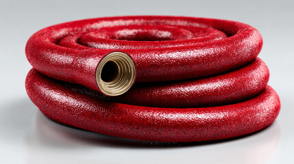 A tightly coiled fire hose displayed against a clean, white backdrop