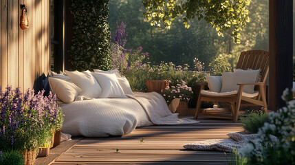 Cozy terrace with pillows, blankets, flowers in bloom, plants and string lights