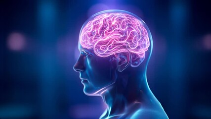 Translucent human head with glowing intricate neon-pink brain - Powered by Adobe