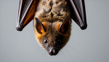 Close-Up Portrait of an Adorable Bat Hanging Upside Down