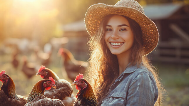 A farmer feeding free-range chickens on a sustainable farm, wooden coop in the background