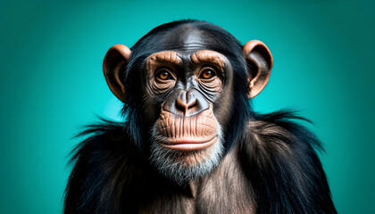 Fototapeta premium Close-Up Portrait of a Chimpanzee on a Vibrant Teal Background