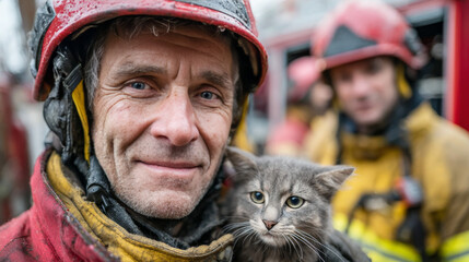 Wearing a red helmet and safety suit, a heroic firefighter holds a saved cat, while another stands blurred by the fire engine--capturing a rescue scene