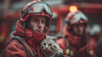 Wearing a red helmet and safety suit, a heroic firefighter holds a saved cat, while another stands blurred by the fire engine--capturing a rescue scene