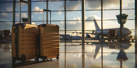 Two suitcases in the airport departure lounge, airplane in the blurred background.