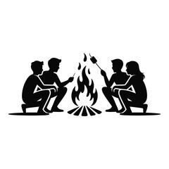 Four friends roasting marshmallows over a campfire silhouette isolated on white background