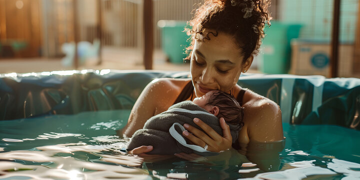 A new mother embracing her newborn baby after a natural water birth.