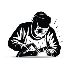Welder working with welding torch and sparks silhouette isolated on white background