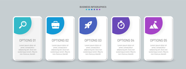 Horizontal progress bar featuring 5 arrow-shaped elements, symbolizing the five stages of business strategy and progression. Clean timeline infographic design template. Vector for presentation